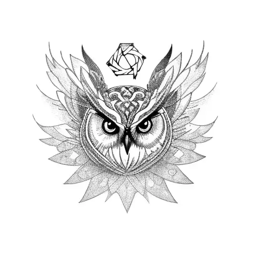 Create A Blackwork Tattoo Design Featuring An Preying Owl Intertwined With Marketing Symbol