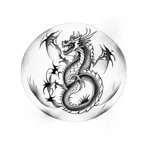 A Tattoo Design Featuring A Wood Carving Of A Dragon With Blackwork Shading