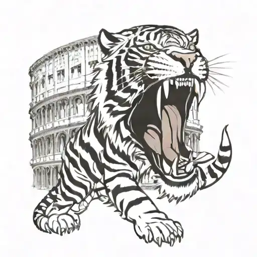 A Fierce Tiger Roaring In Front Of The Colosseum In Italy