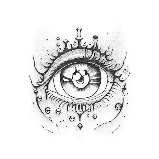 A Dotwork Tattoo Of A Sketched Eye Surrounded By Gothic Elements