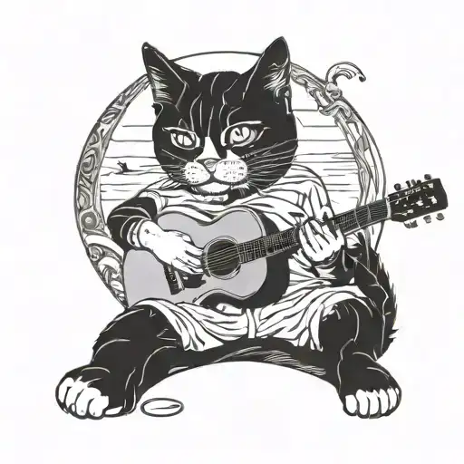 A Blackwork Tattoo Of A Cat Playing A Guitar On The Beach