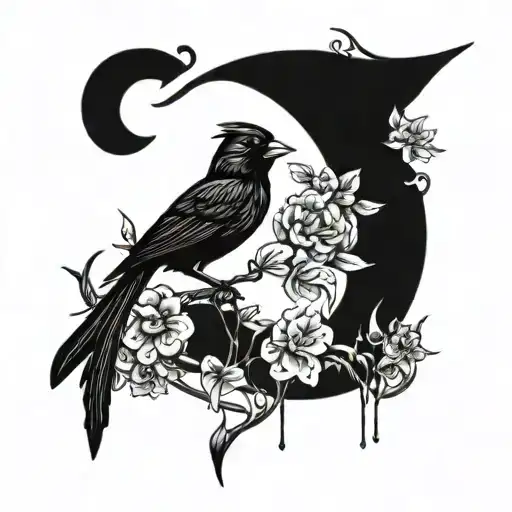 Crescent Moon Made Of Flowers With A Cardinal Pitched On The Bottom