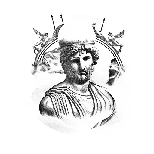 A Sketch-style Tattoo Of A Music Festival Stage With Roman And Greek Statues As The Performers