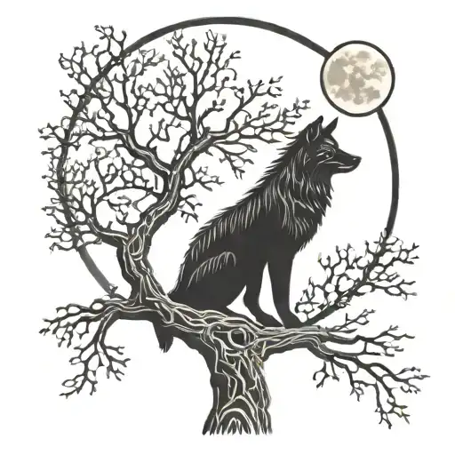 Wolf Raven Perched Tree Moon River