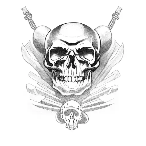 Pile Of Skulls With A Treasure Chest Ontop And A Skelton Pirate Wearing A Hat