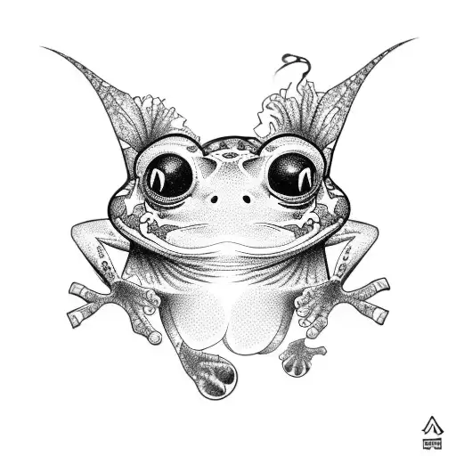 A Tattoo Design Combining The Name Maomi With A Blackwork Illustration Of A Frog
