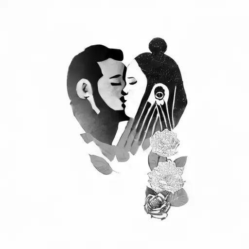 A Couple Kissing In Front Of A Black Background