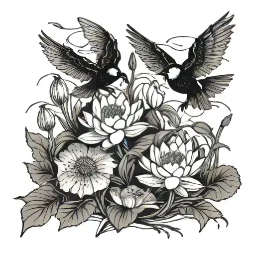 Medium Size Water Lilies With 4 Black Birds Flying By