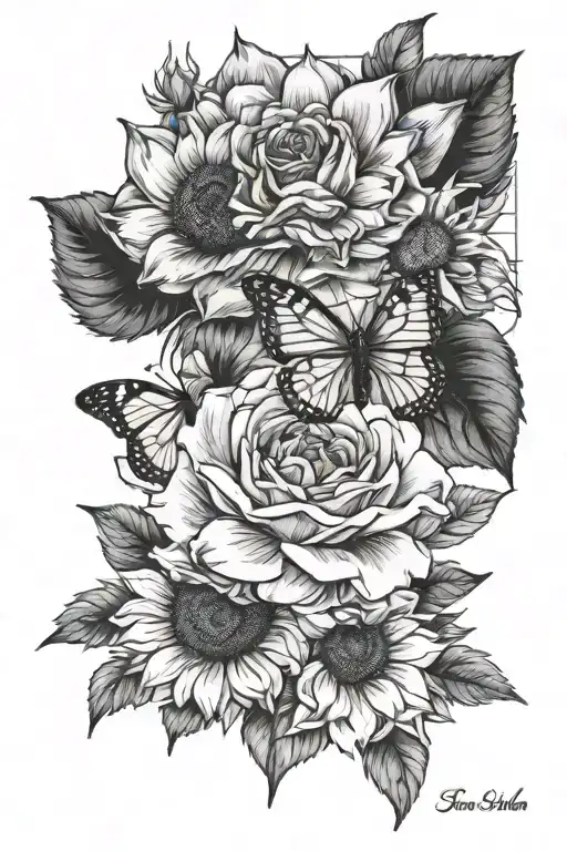 Rose Next To A Sunflower With 4 Butterflies Around It