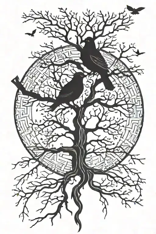 Living Tree With Dead Tree Reflection Norse Symbols Dove Raven