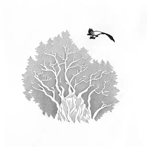 Tree With Branches Who Create Crow And Wolf And Moutains