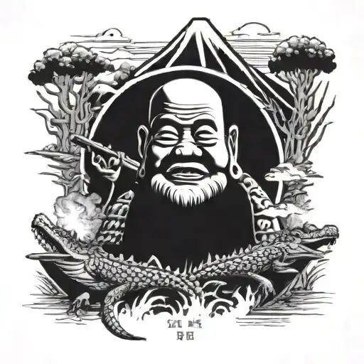 Budda With Ak 47 Rifle And Alligators At This Feet And Mt Fuji In The Background