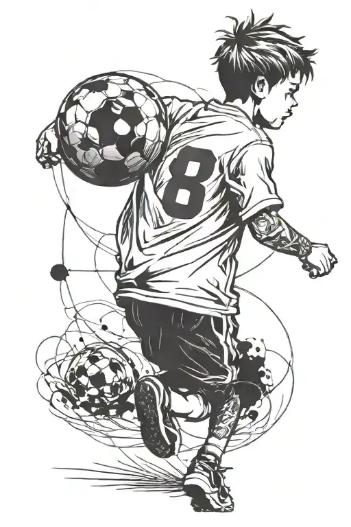 Boy Walking Backwards With Soccer Ball Under His Arm And An 8 On The Back Of His Shirt