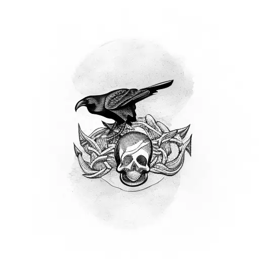 Raven Sitting On Top Of A Skull