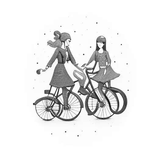 Group Of Girls On Bicycles With Old Fashioned Street Lamps In The Background