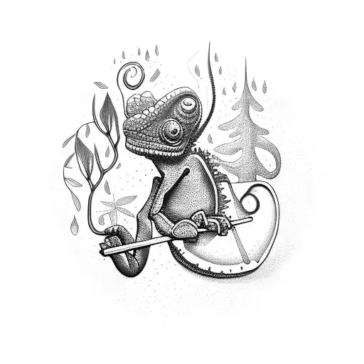 A Chameleon Playing The Drums In A Mystical Forest