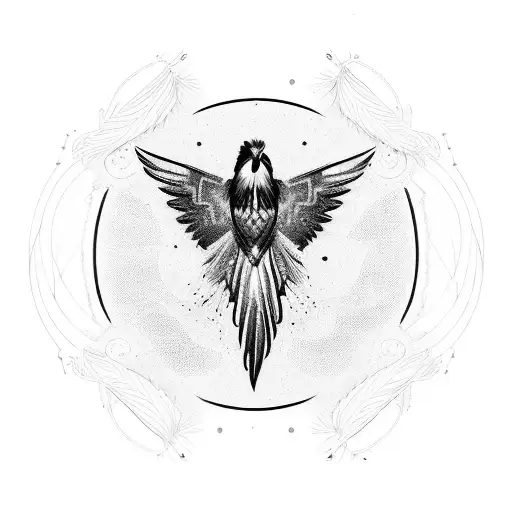 A Blackwork Tattoo Featuring A Hawk And A Feather Surrounded By Energy Waves