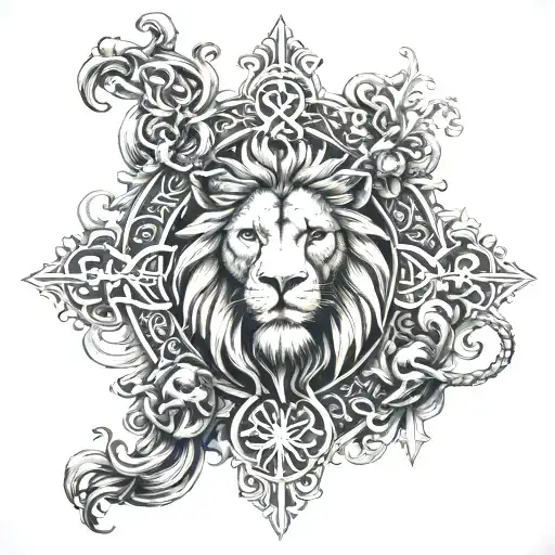 Crosses And Lion Wearing Thornes Surrounded