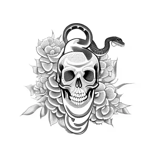 Snake Surrounded By Flowers With A Skull Centerpiece In Traditional Style
