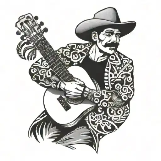 Cholo Con Guitarra Surrounded By Traditional Mexican Patterns