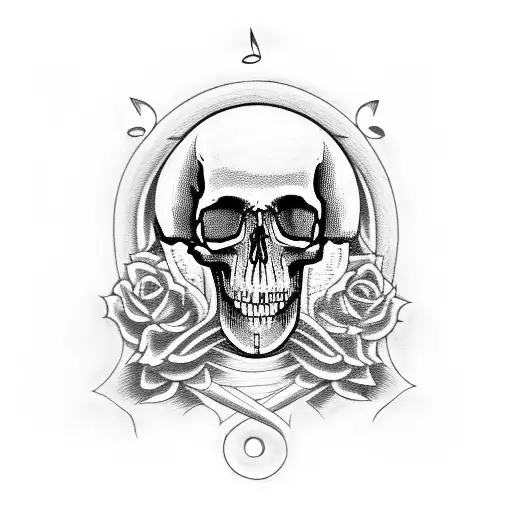 A Gothic-inspired Skull Surrounded By Musical Notes And A Camera Lens