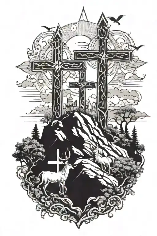 3 Crosses With Jesus Christ On Mountain With Animals