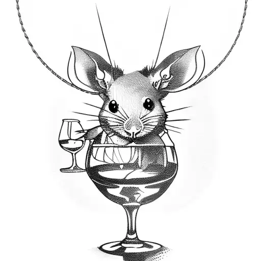 A Blackwork Tattoo Of A Rat Holding A Wine Glass With A French Flag In The Background