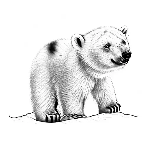 Young Polar Bear Cub Looking At Reflection In Water At Adult Bear