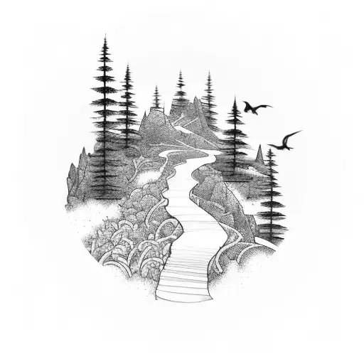 A Majestic Landscape With A Winding Hiking Trail Leading Towards A Breathtaking Sunset