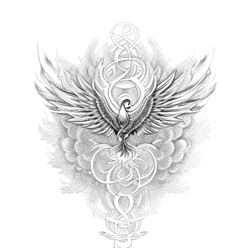 A Phoenix Rising From A Chrysanthemum Surrounded By Musical Notes