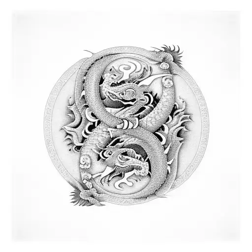 Dragon And Tiger Yin Yang And Bauhinia Flowers