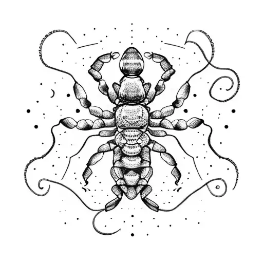 A Dotwork Tattoo Of A Scorpion Constellation Surrounded By Swirling Galaxies