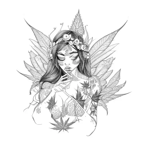 An Intricate Blackwork Design Of A Sleeping Fairy With Marijuana Leaves As Her Blanket
