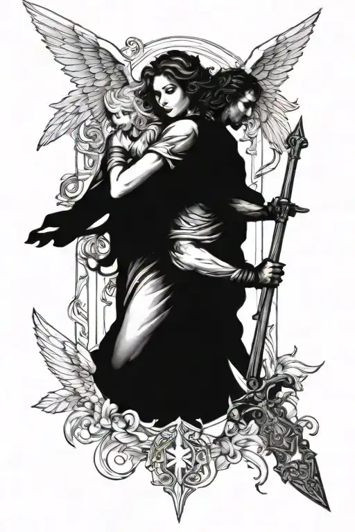 Two Angel With Cross Sword Between Them