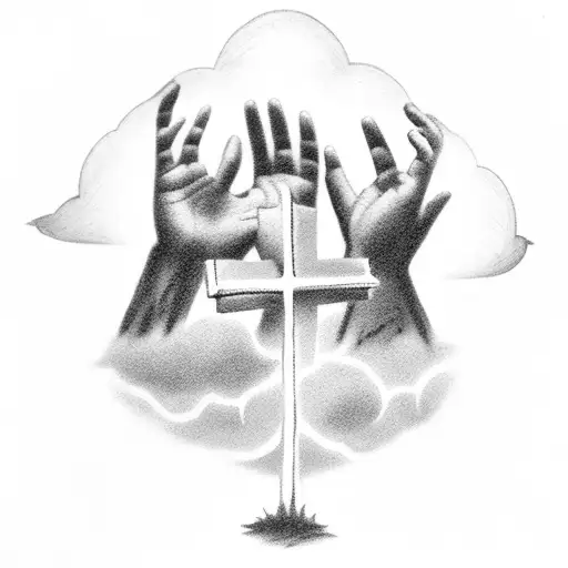 Hands Reaching For The Cross In A Storm With Lighting And Clouds In The Background