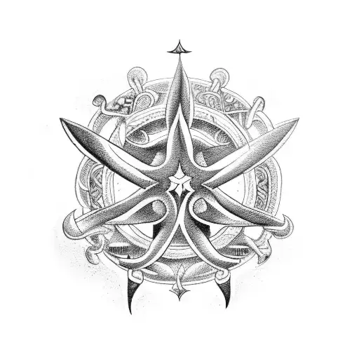 A Blackwork Tattoo Of A Detailed Hindu Trident With Space And Astronomy Themes