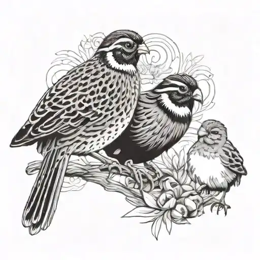 Male Gambles Quail Looking Down At Baby Girl Quail Who Is Looking Up At Him