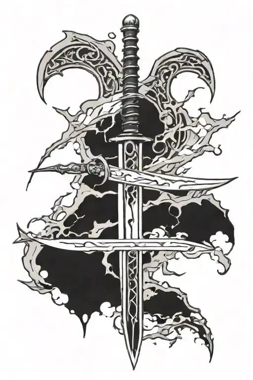 Chipped And Cracked Sword With Blood And Storm In Background