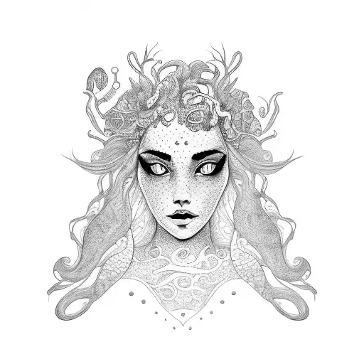A Dotwork Representation Of A Cold Water Mermaid Surrounded By Nudibranchs