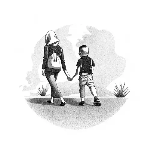 Mother And Boy Child Walking Down The Road Facing At Each Other