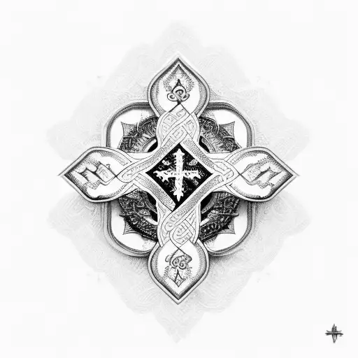 A Stylized Cross With Intricate Patterns And Symbols Representing Different Aspects Of Faith