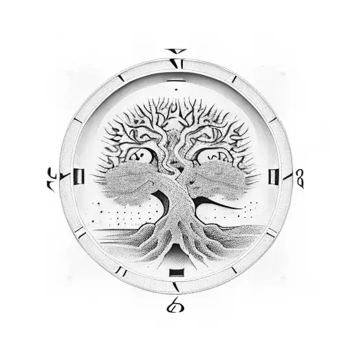 Tattoo Design Of A Tree Of Life On Top Of A Clock With Banners Hanging