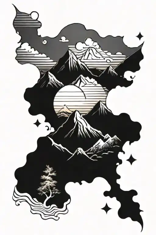 Mountain Range With Sunset Sky And River