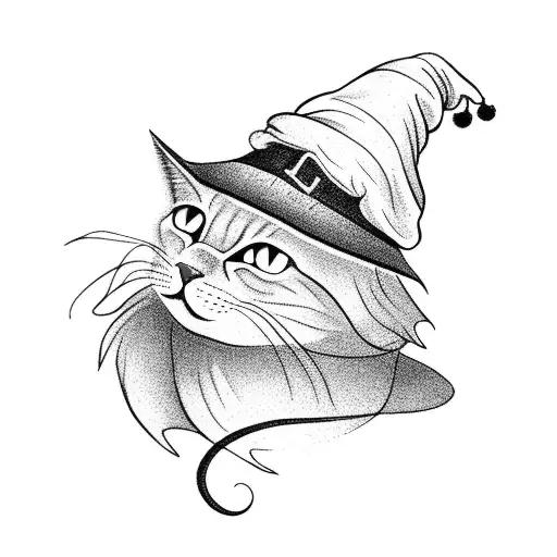 Black Cat With Witch Hat Riding On A Broom