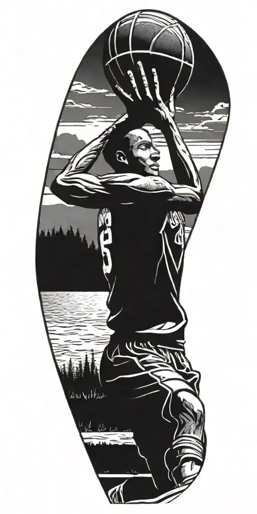 A Basketball Player Sinking A Three-point Shot With A Serene Nature Background