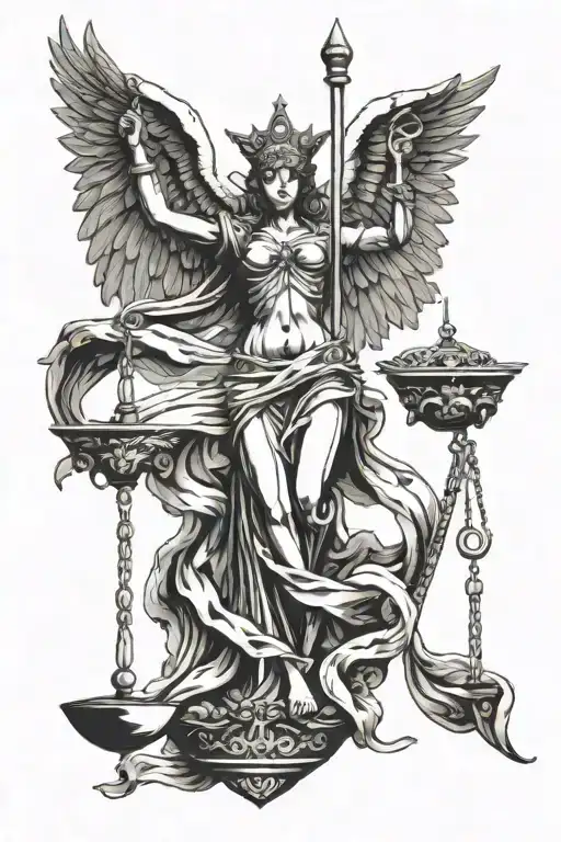 Sword With Wings And Lady Justice Holding Scales