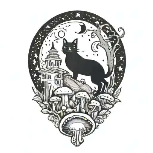 Witch Cat And Moon And Mushrooms