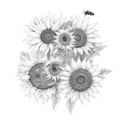 A Blackwork Tattoo Of A Bee Hive With Sunflowers Growing Around It