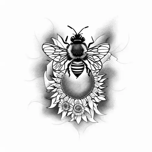 A Blackwork Tattoo Of A Bee Hive With Sunflowers Growing Around It