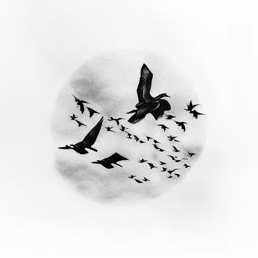 7 All Black Birds Flying In A Row With One Large Bird In The Middle